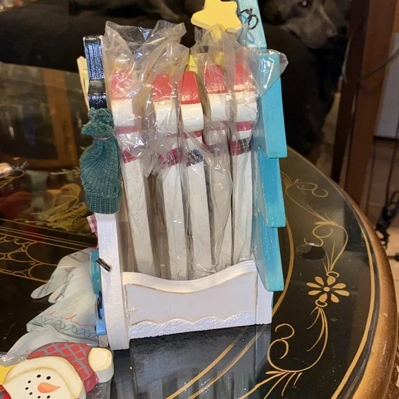 Vintage Christmas Cheese Knives 4 Wooden Painted Snowman Coaster Set 6 w/Holder - Picture 3 of 8